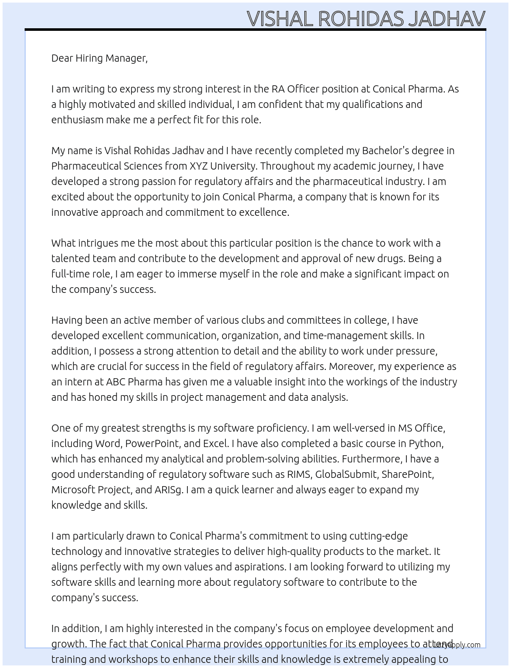 RA Officer At Conical Pharma Cover Letter