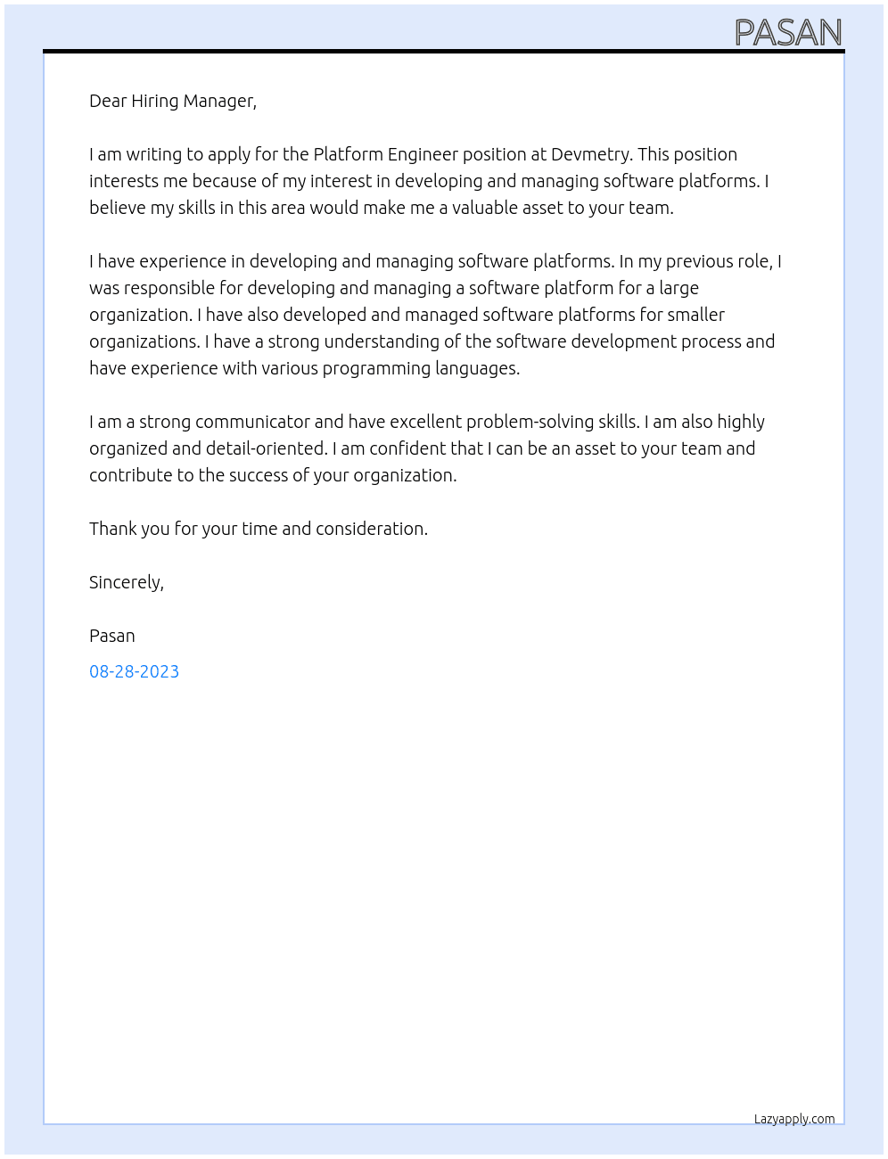 Platform Engineer At Devmetry Cover Letter