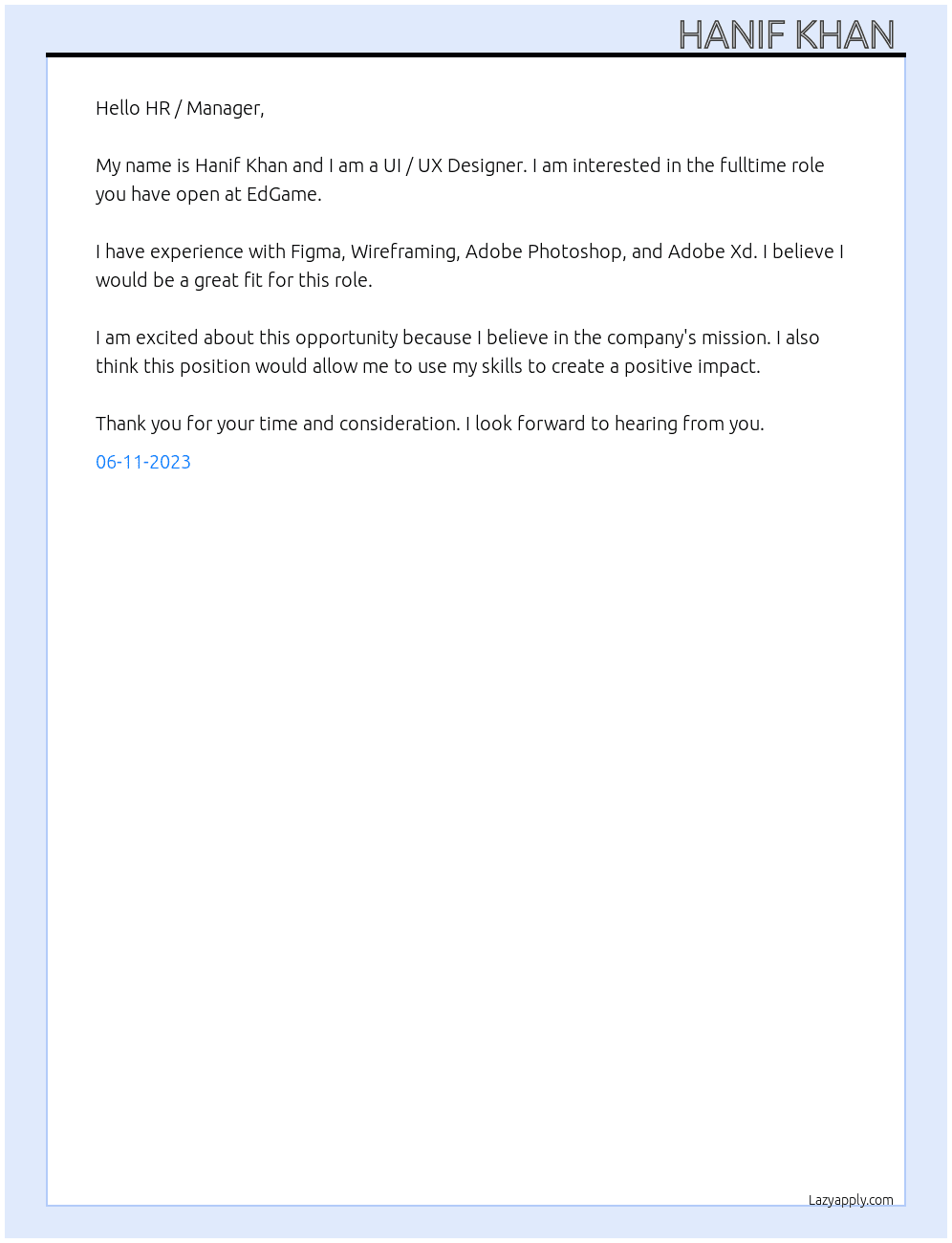UI UX Designer At EdGame Cover Letter