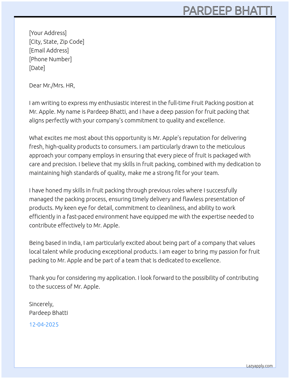 Fruit packing  At Mr.Apple Cover Letter