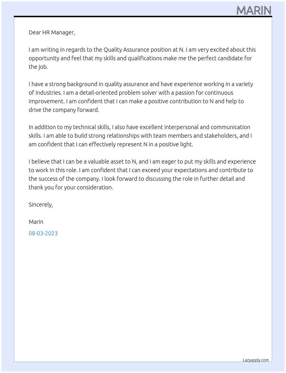 Quality assurance At N Cover Letter