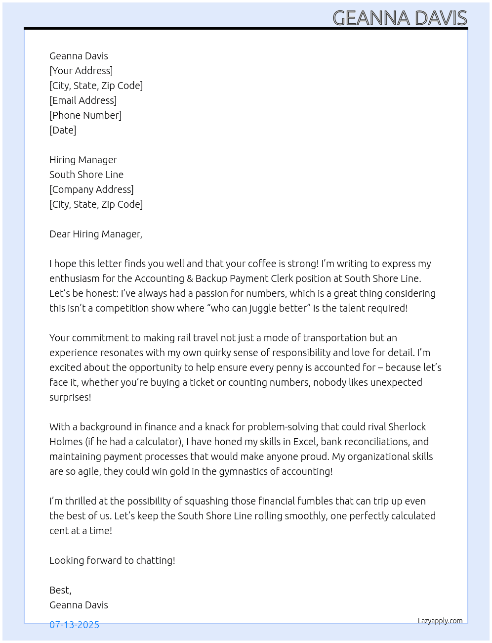 Accounting & Backup Payment Clerk At South Shore Line Cover Letter