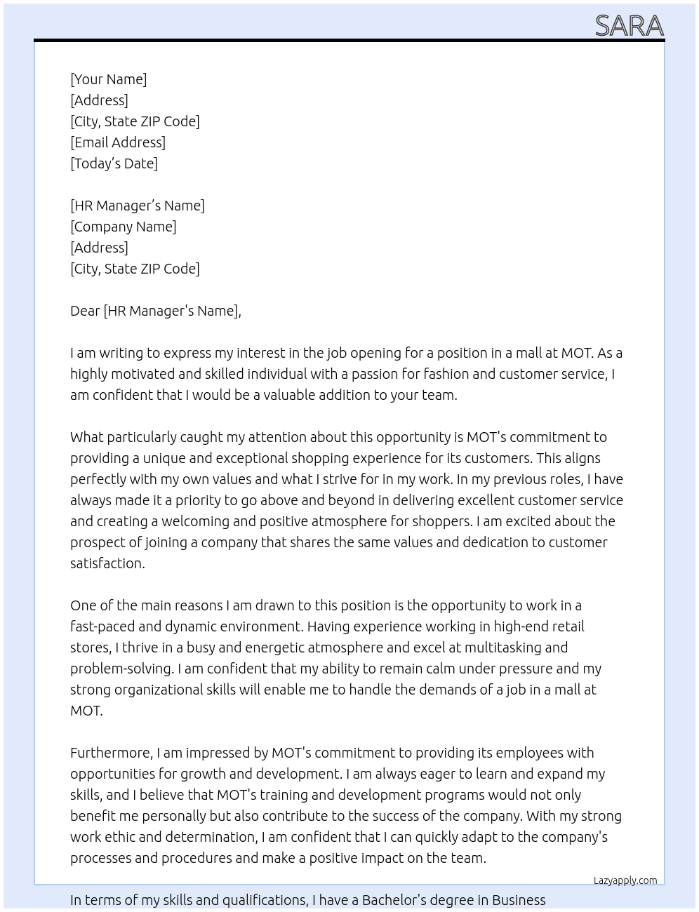 Job in a mall At MOT  Cover Letter