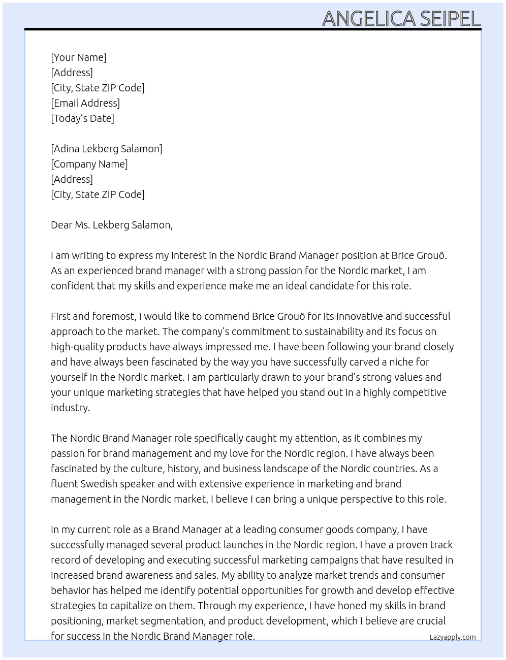 Nordic Brand Manager At Brice Grouö Cover Letter