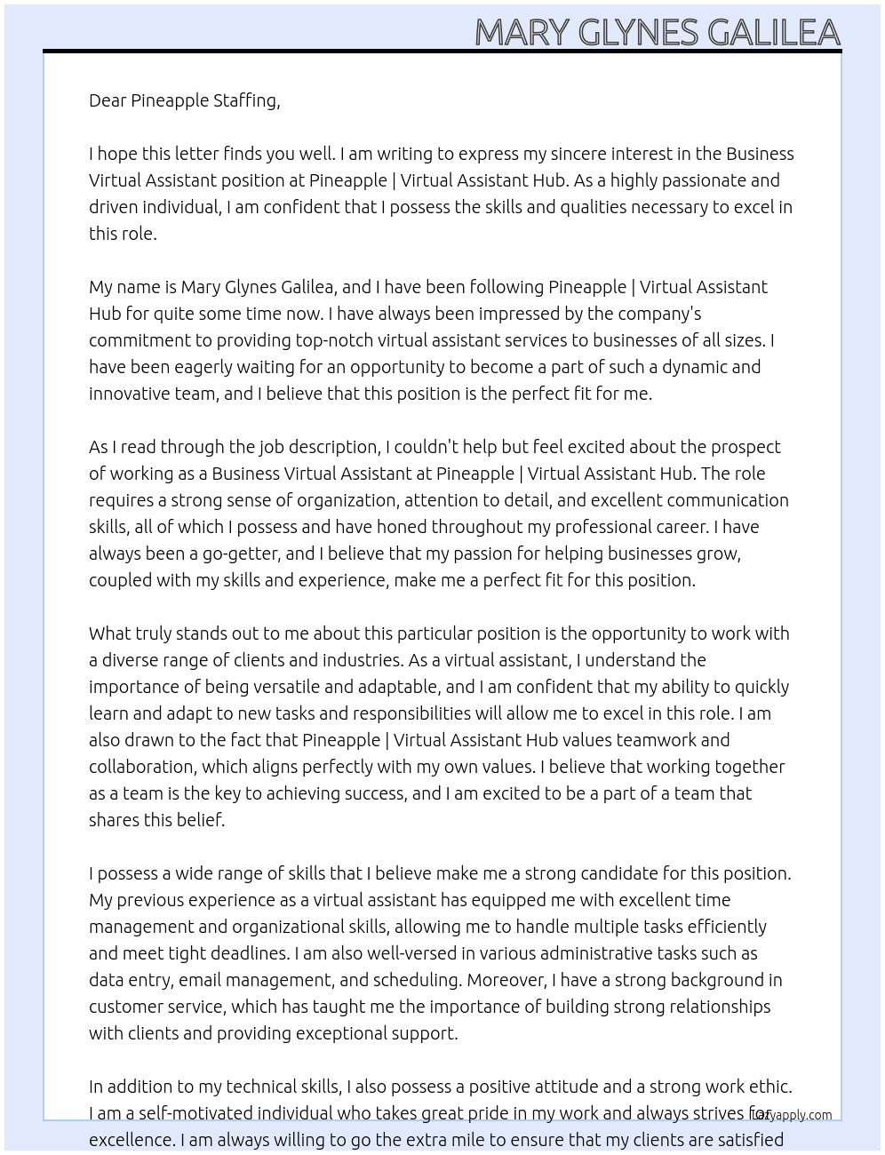Business Virtual Assistant At Pineapple | Virtual Assistant Hub Cover Letter