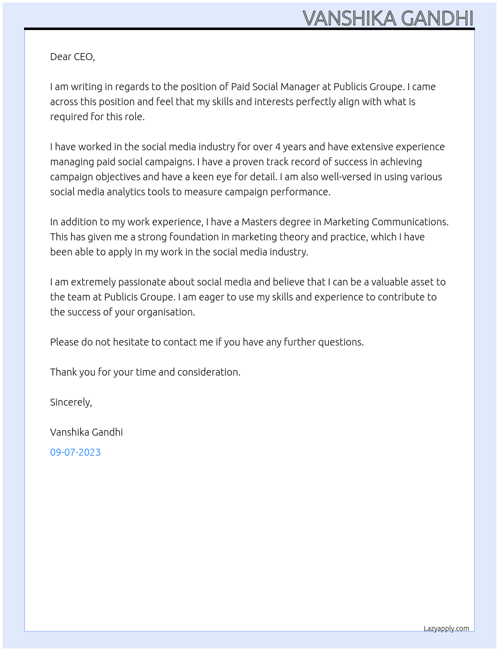 Paid Social Manager At Publicis Groupe Cover Letter