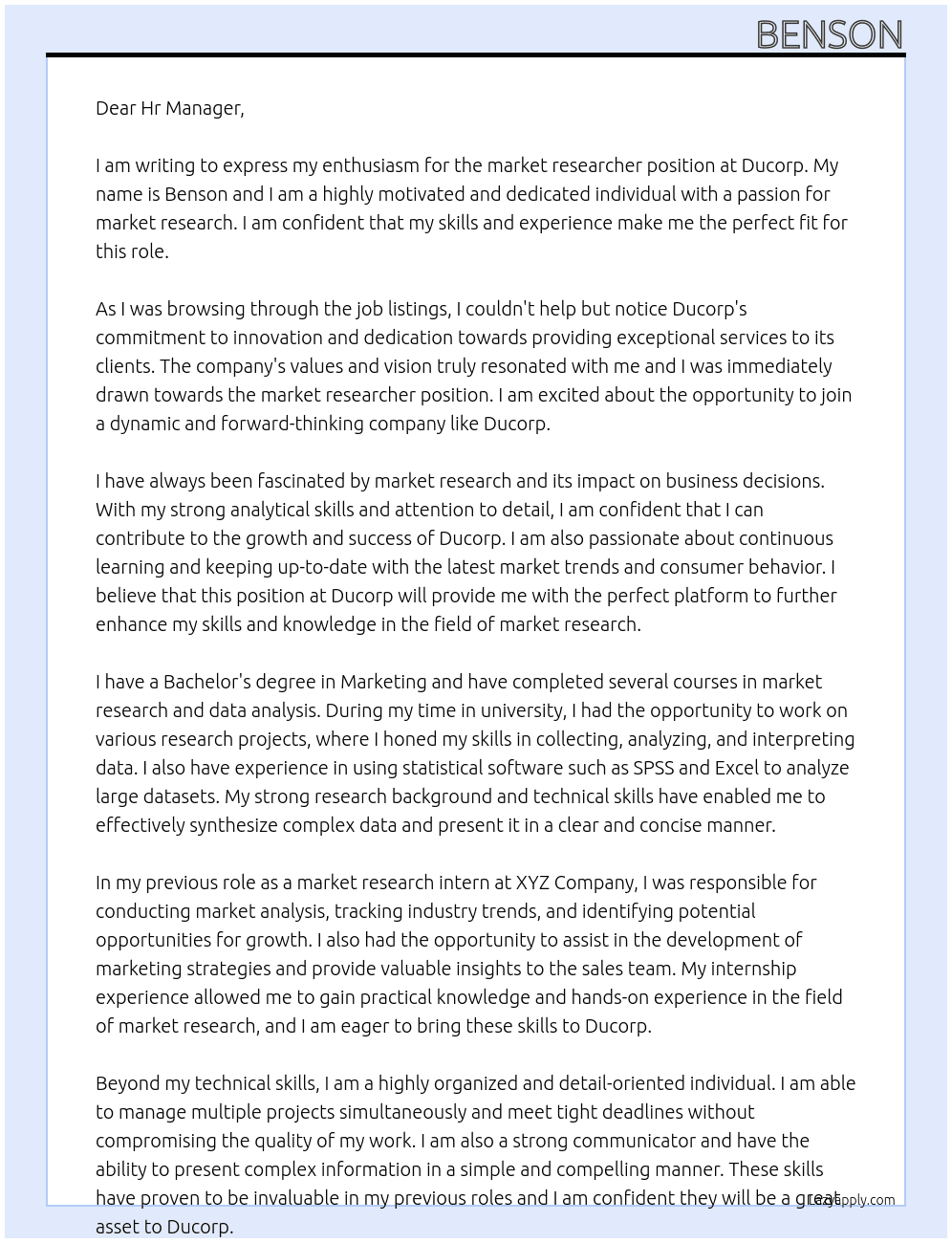 market researcher At ducorp Cover Letter