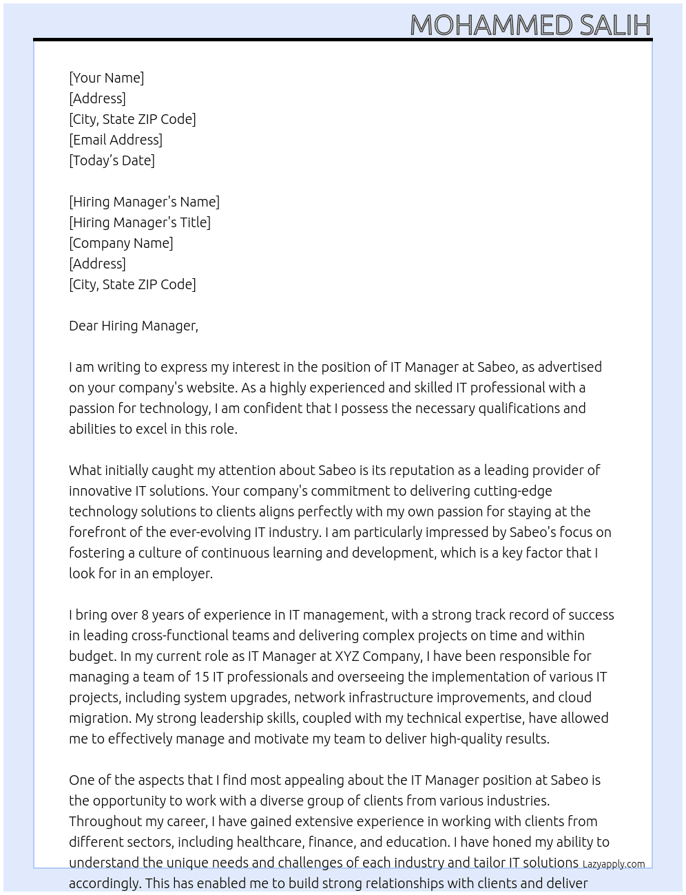 IT Manager At Sabeo Cover Letter