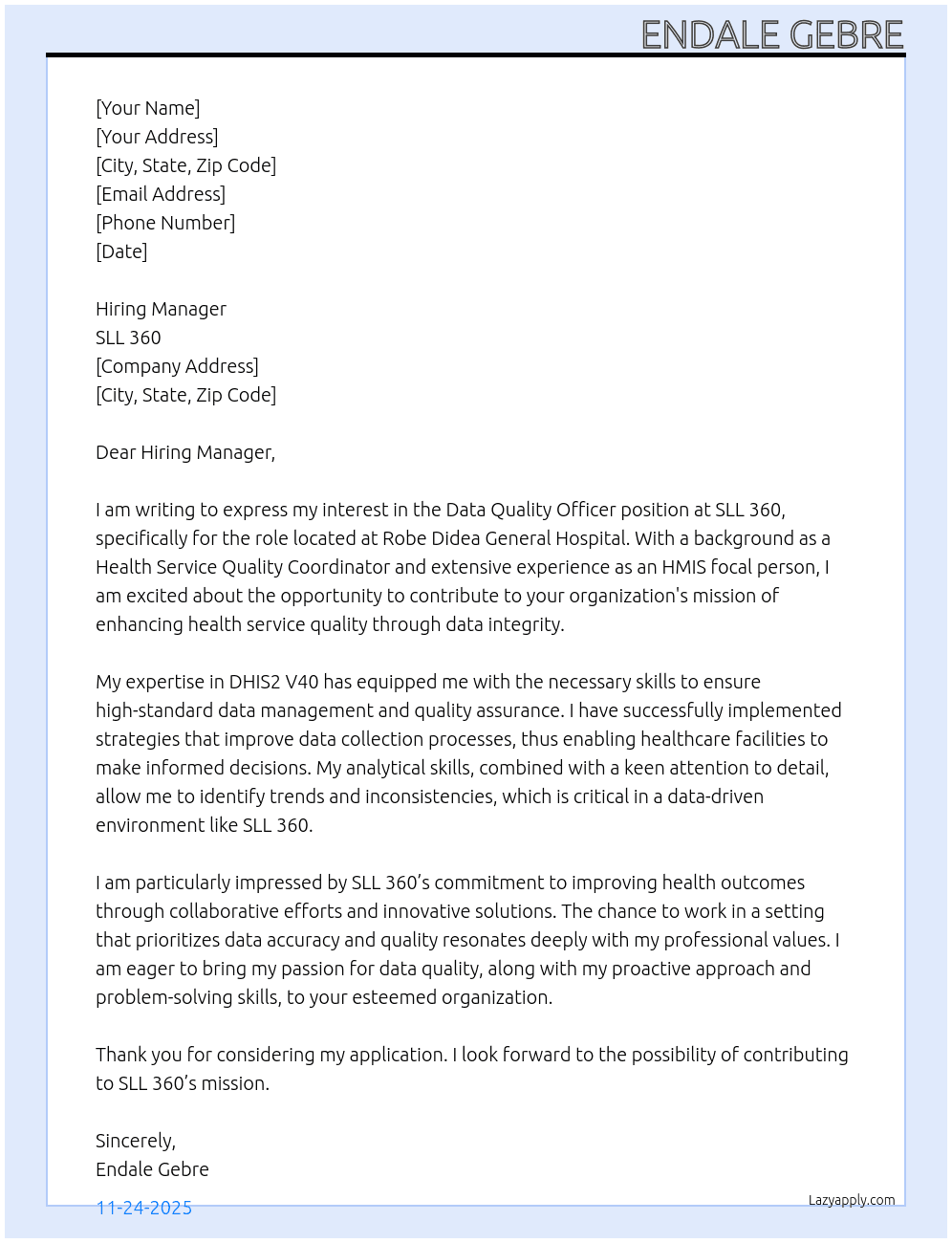 Cover letter for data quality officer - LazyApply