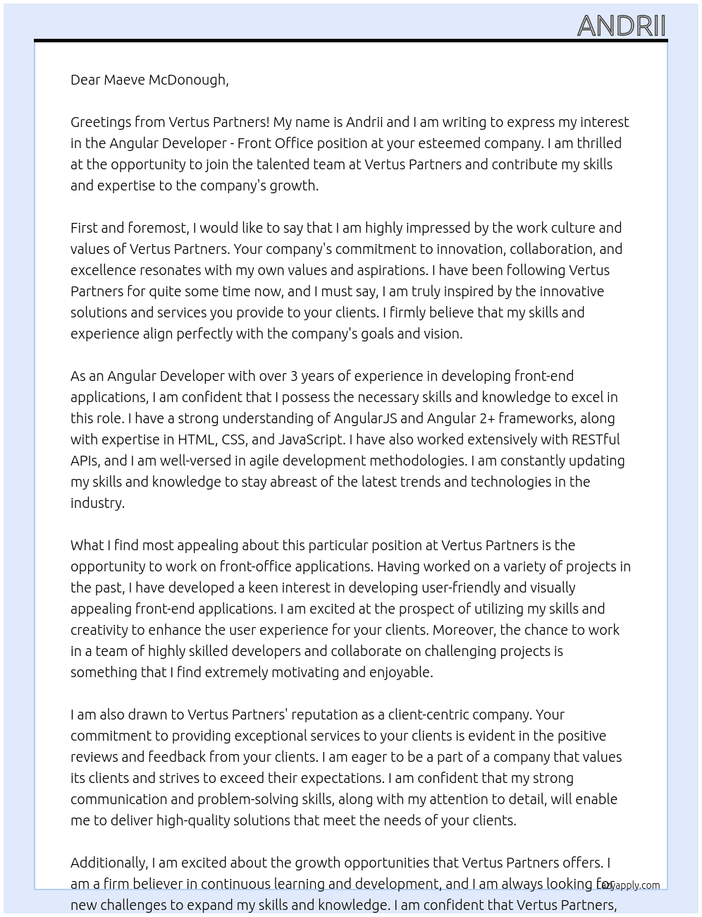 Angular Developer - Front Office At Vertus Partners Cover Letter