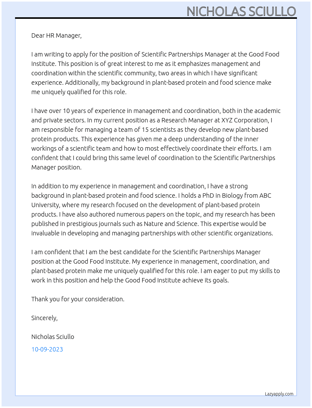 Scientific Partnerships Manager At Good Food Institute Cover Letter