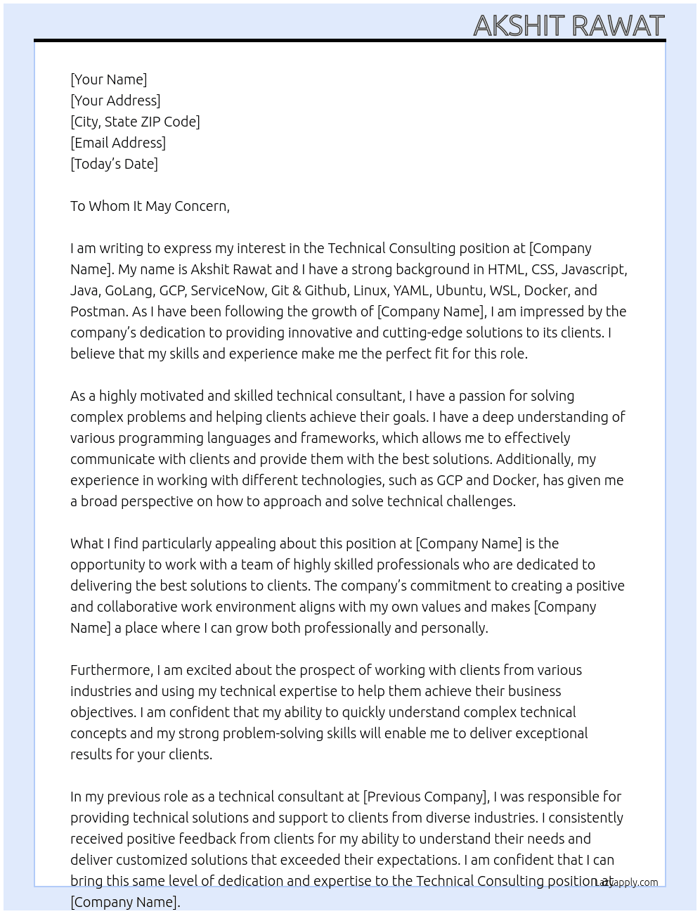 Technical Consulting, TE At Akshit Rawat Cover Letter