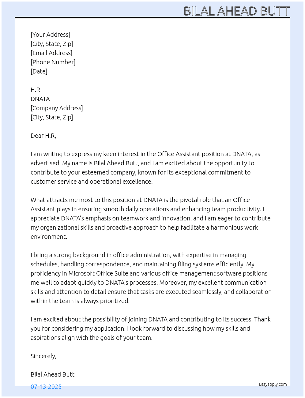 Office ASSISTANT  At DNATA  Cover Letter