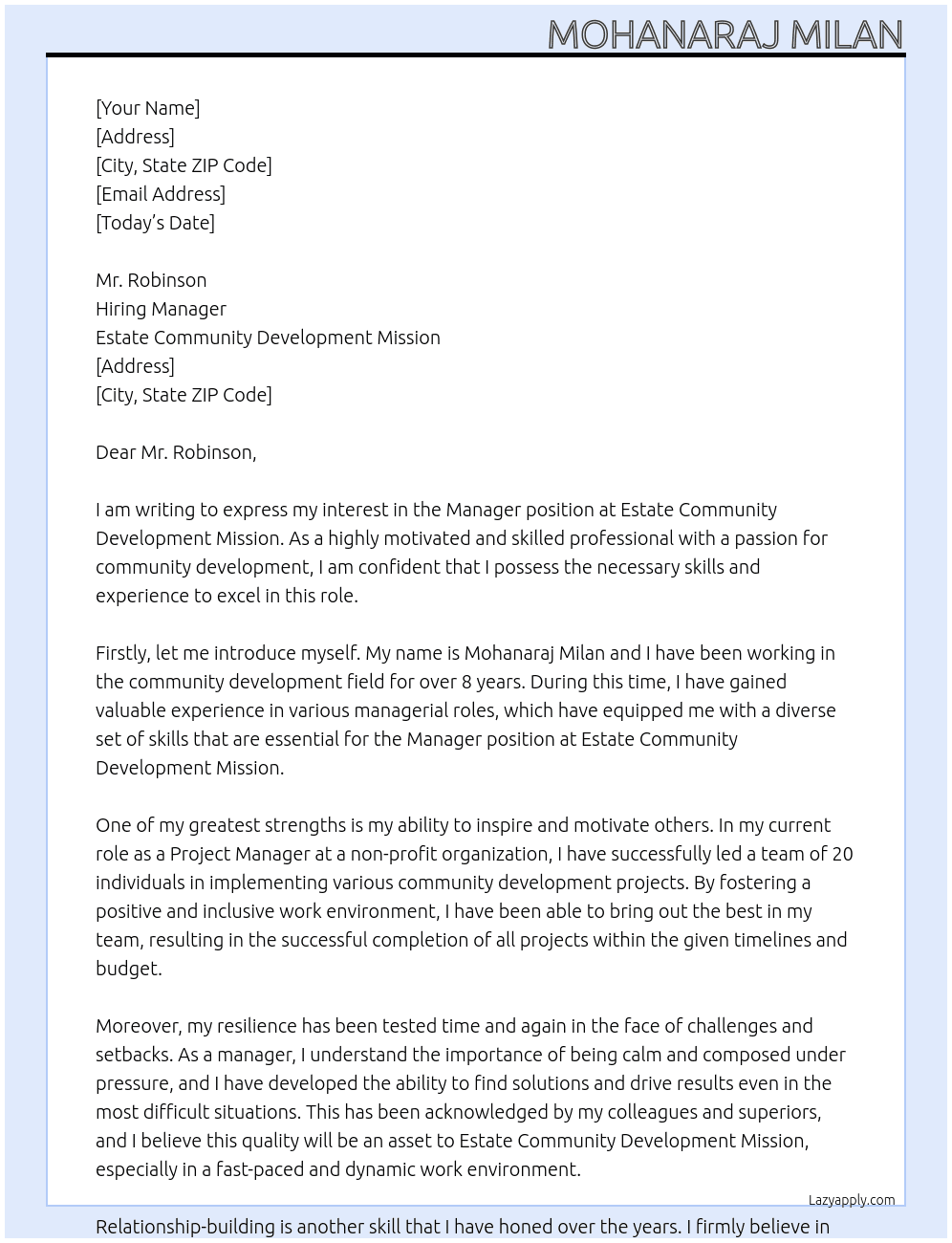 Manager At Estate Community Development Mission Cover Letter