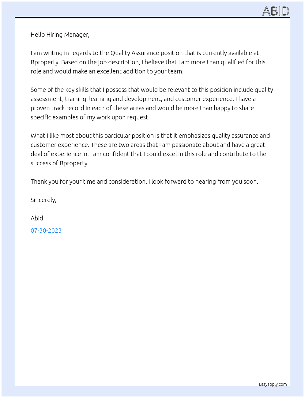 Quality Assurance  At Bproperty Cover Letter