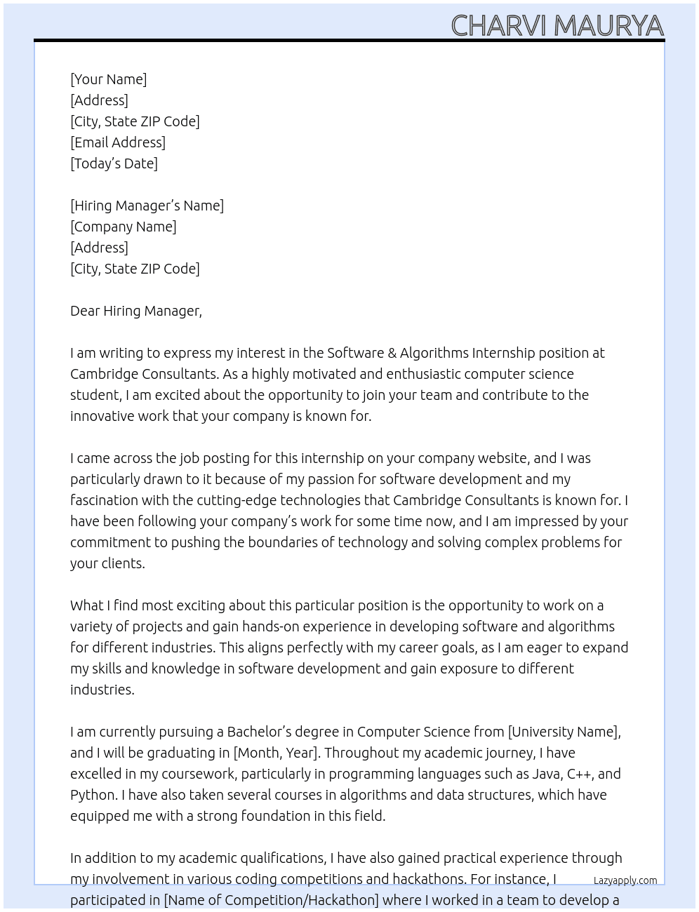 Software & Algorithms Internship At Cambridge Consultants Cover Letter
