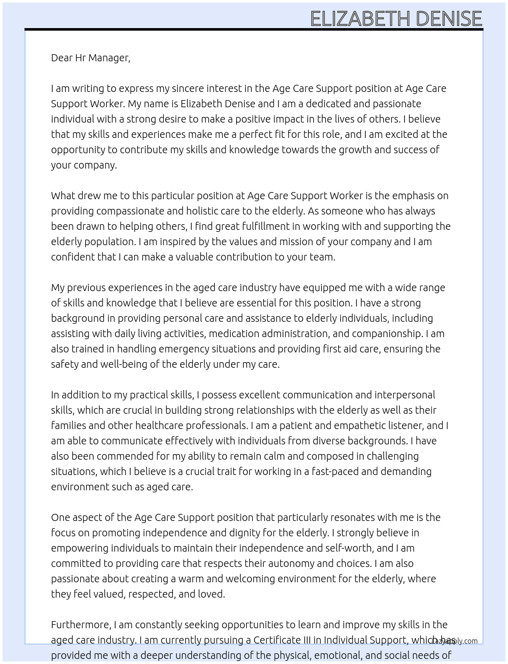 Age Care Support At Age Care Support Worker Cover Letter