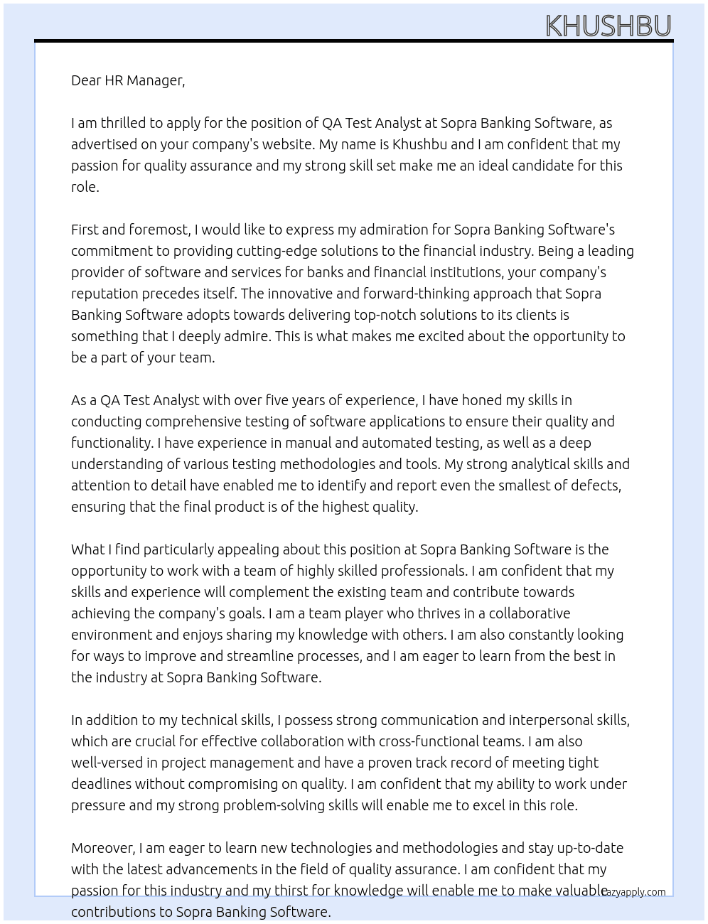 QA Test Analyst At Sopra Banking Software  Cover Letter