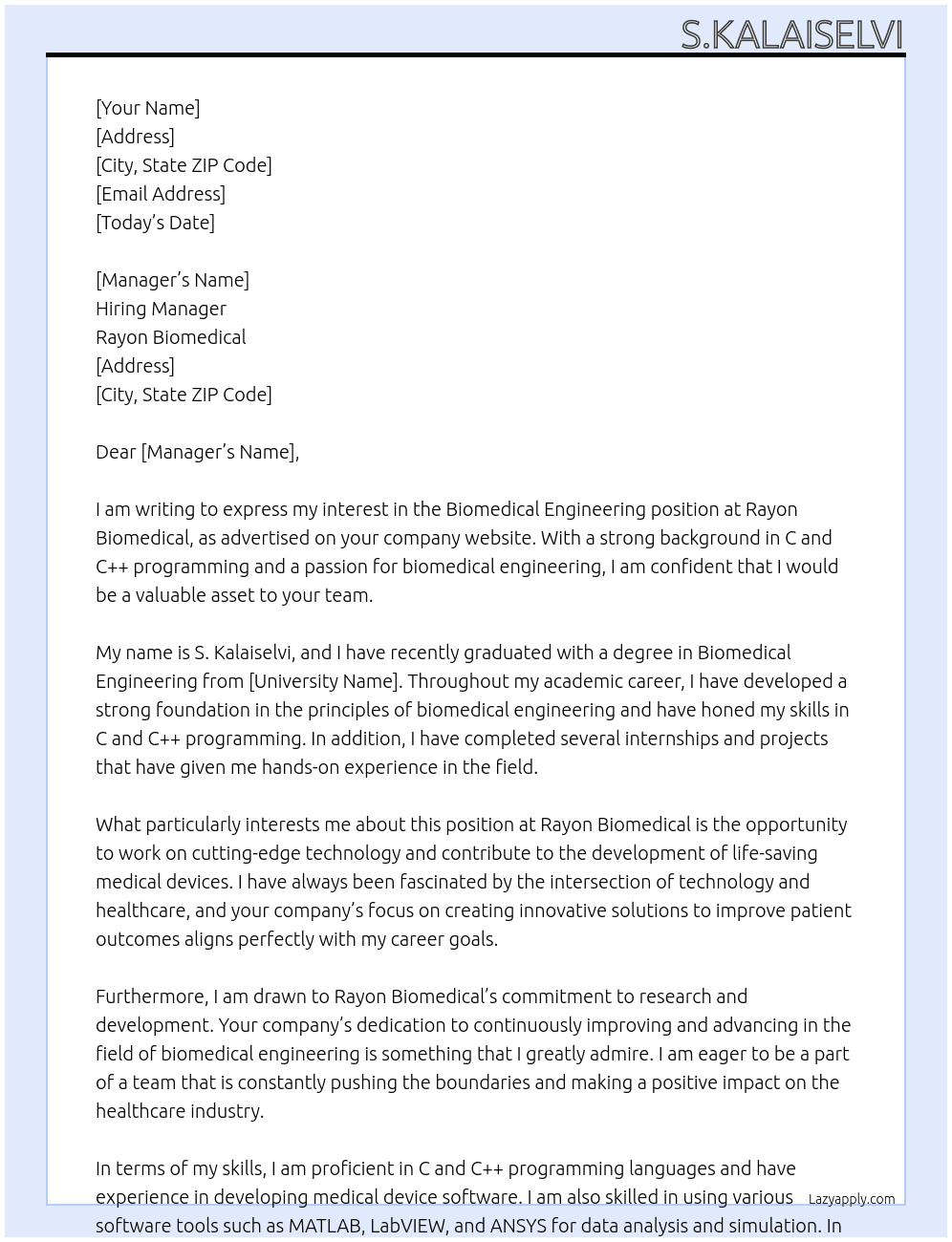 Biomedical engineering  At Rayon biomedical  Cover Letter