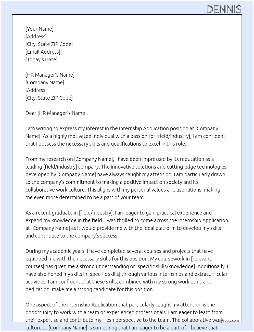 Internship Application  At KBC Cover Letter