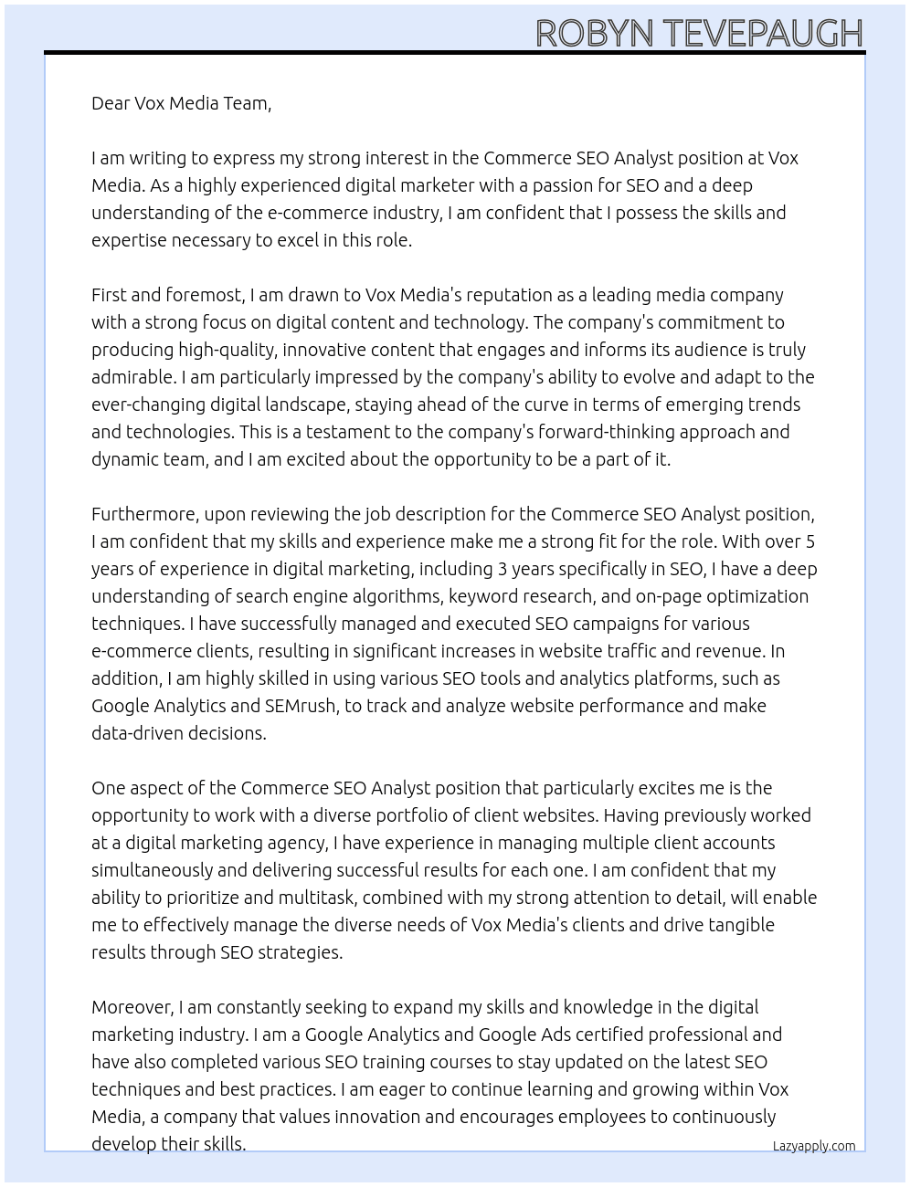 Commerce SEO Analyst At Vox Media Cover Letter