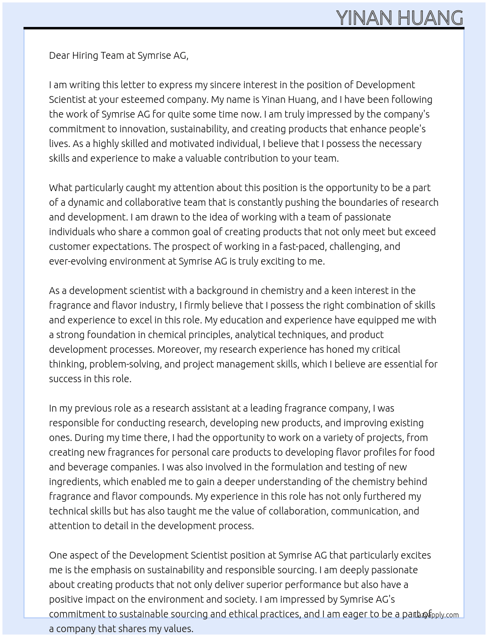 Development Scientist At Symrise AG Cover Letter