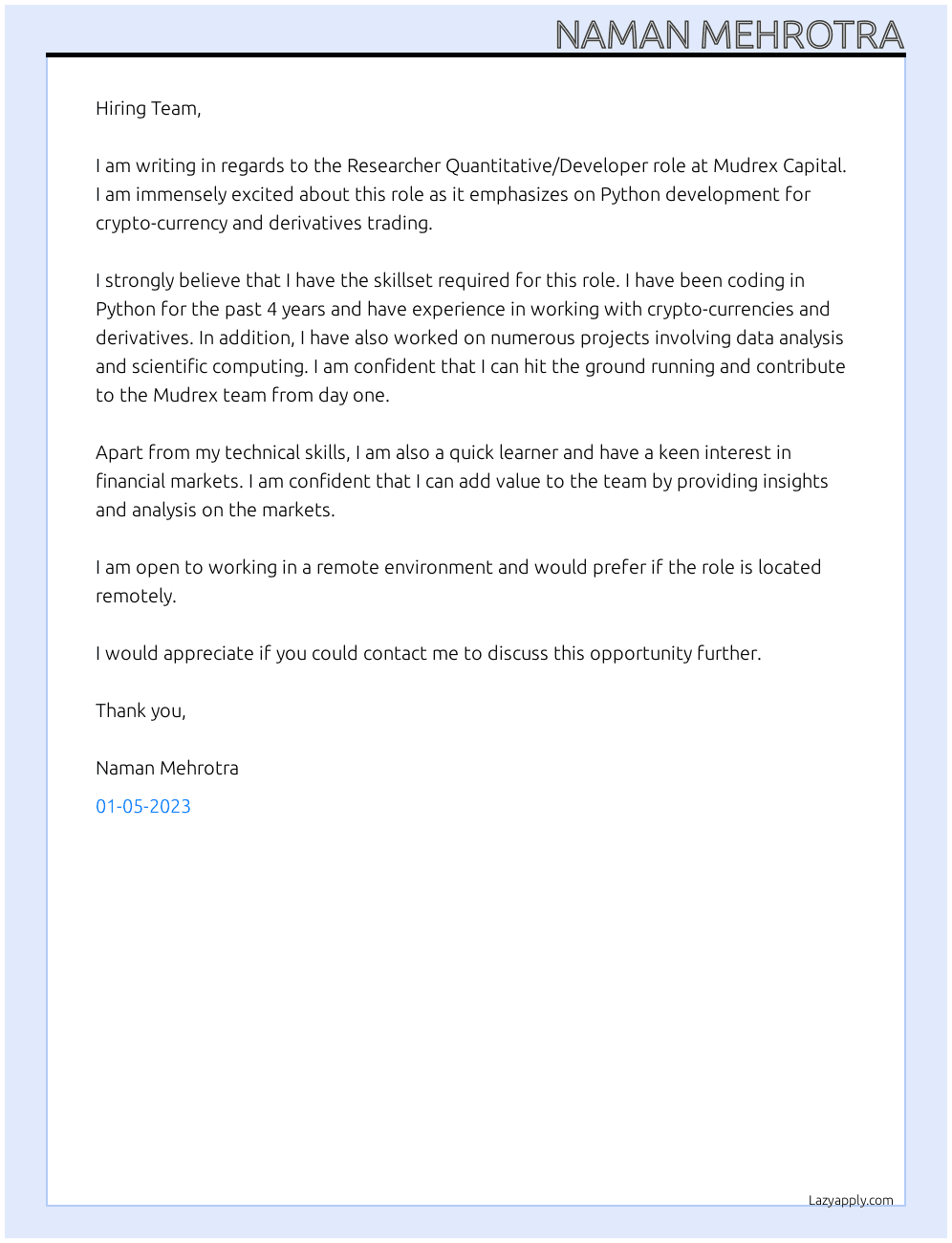 Researcher Quantitative/ Developer  At Mudrex Capital Cover Letter