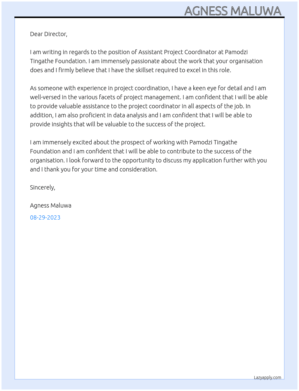 Assistant project coordinator  At Pamodzi Tingathe Foundation  Cover Letter