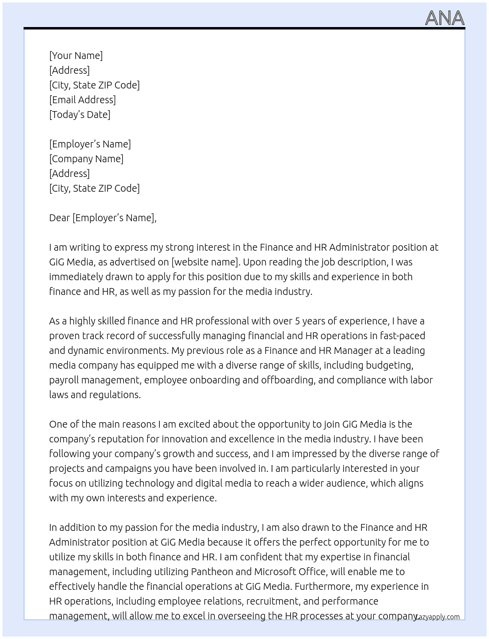Finance and HR administrator At GiG Media Cover Letter