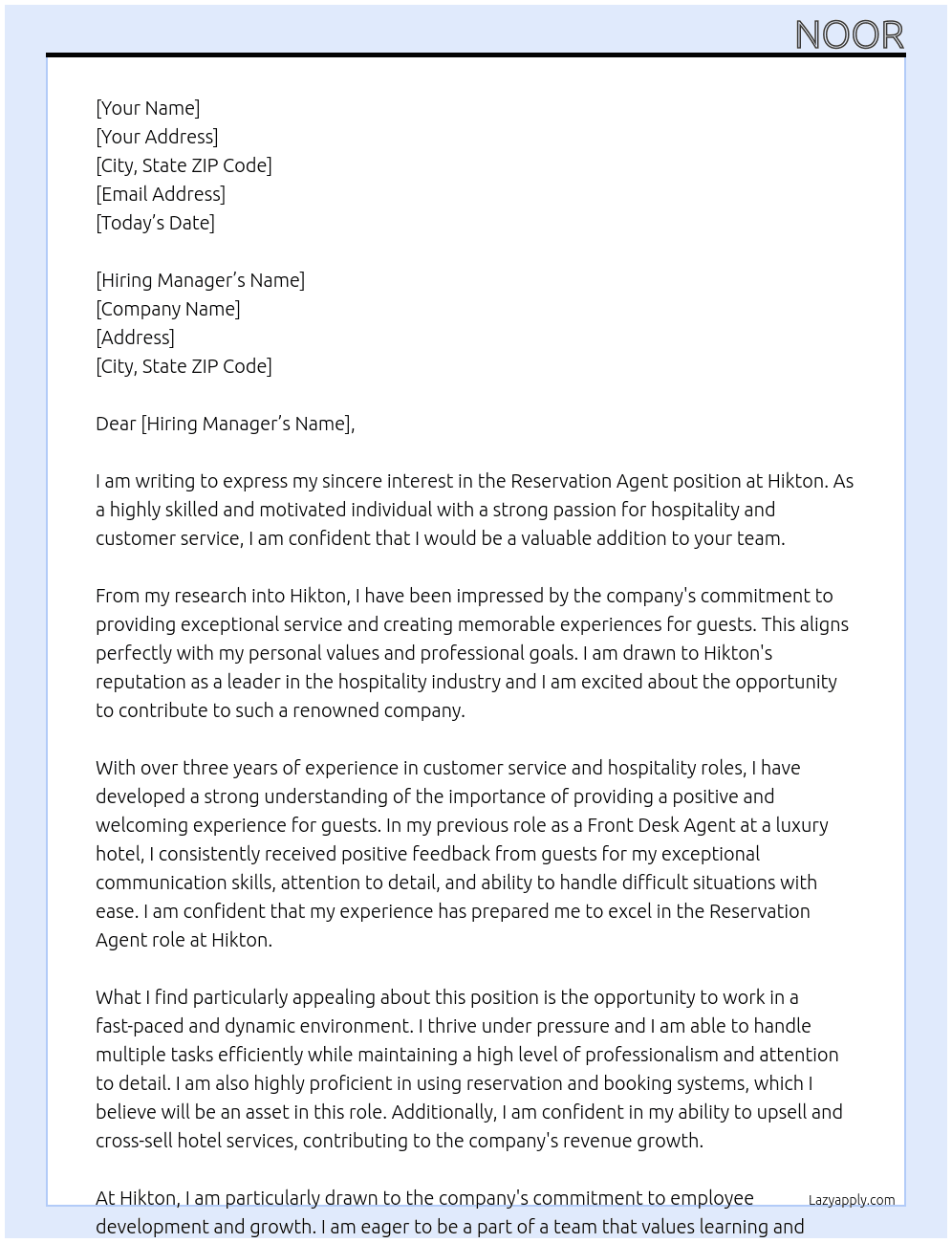 Reservation agent  At Hikton Cover Letter