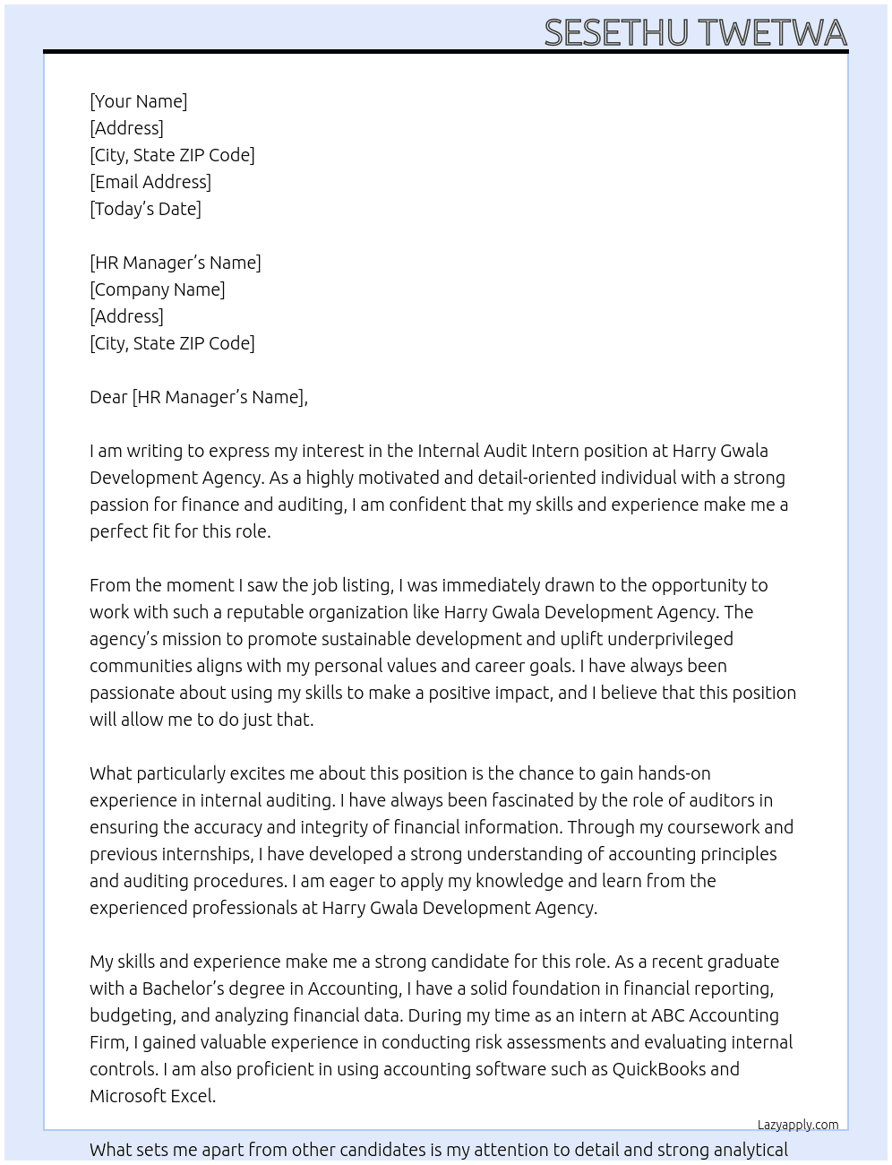 INTERNAL AUDIT INTERN At HARRY GWALA DEVELOPMENT AGENCY  Cover Letter
