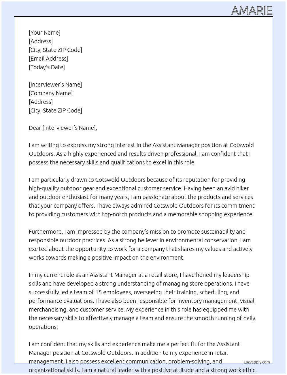 Assistant Manager At Cotswold Outdoors Cover Letter