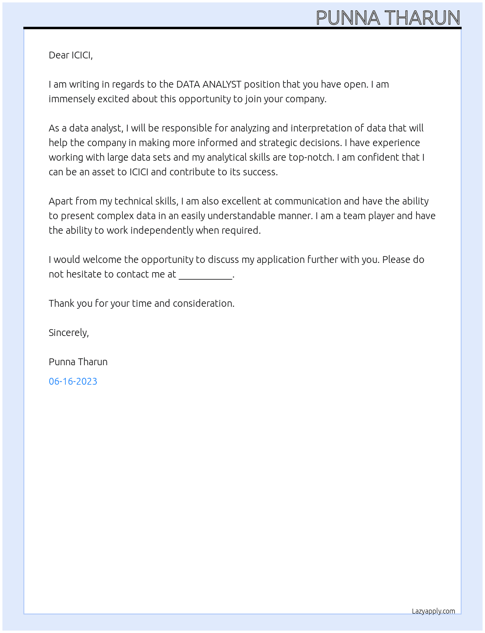 DATA ANALYST At ICICI Cover Letter