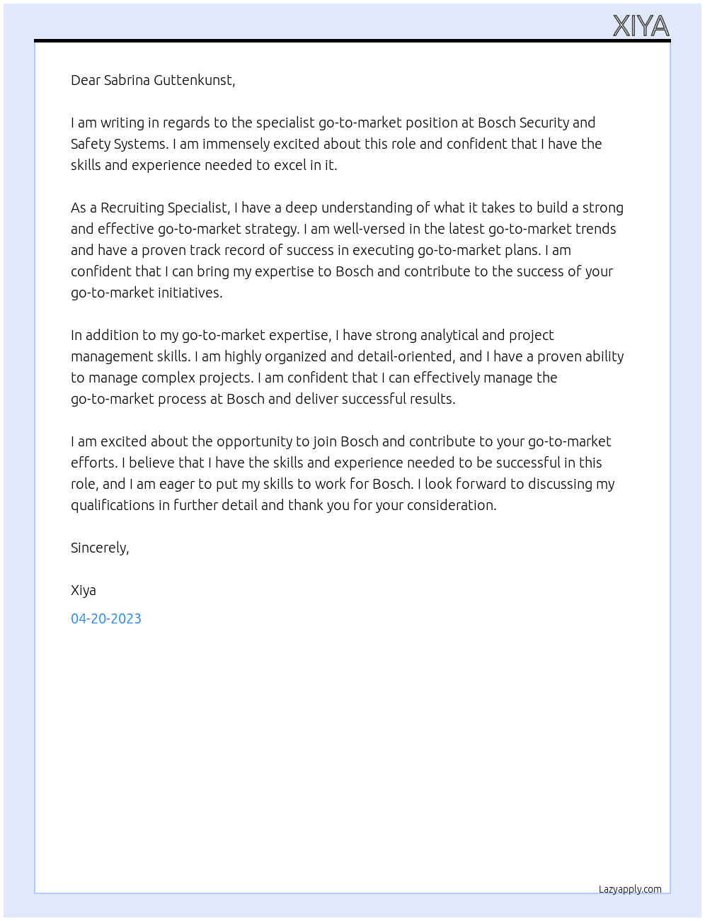 specialist go-to-market At Bosch Security and Safety Systems Cover Letter