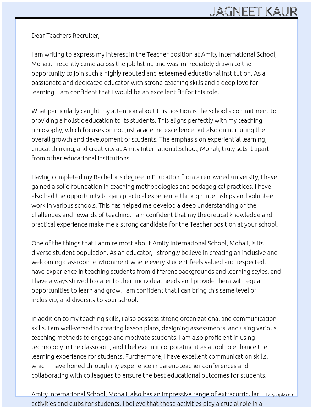 Teacher At Amity International School, Mohali  Cover Letter
