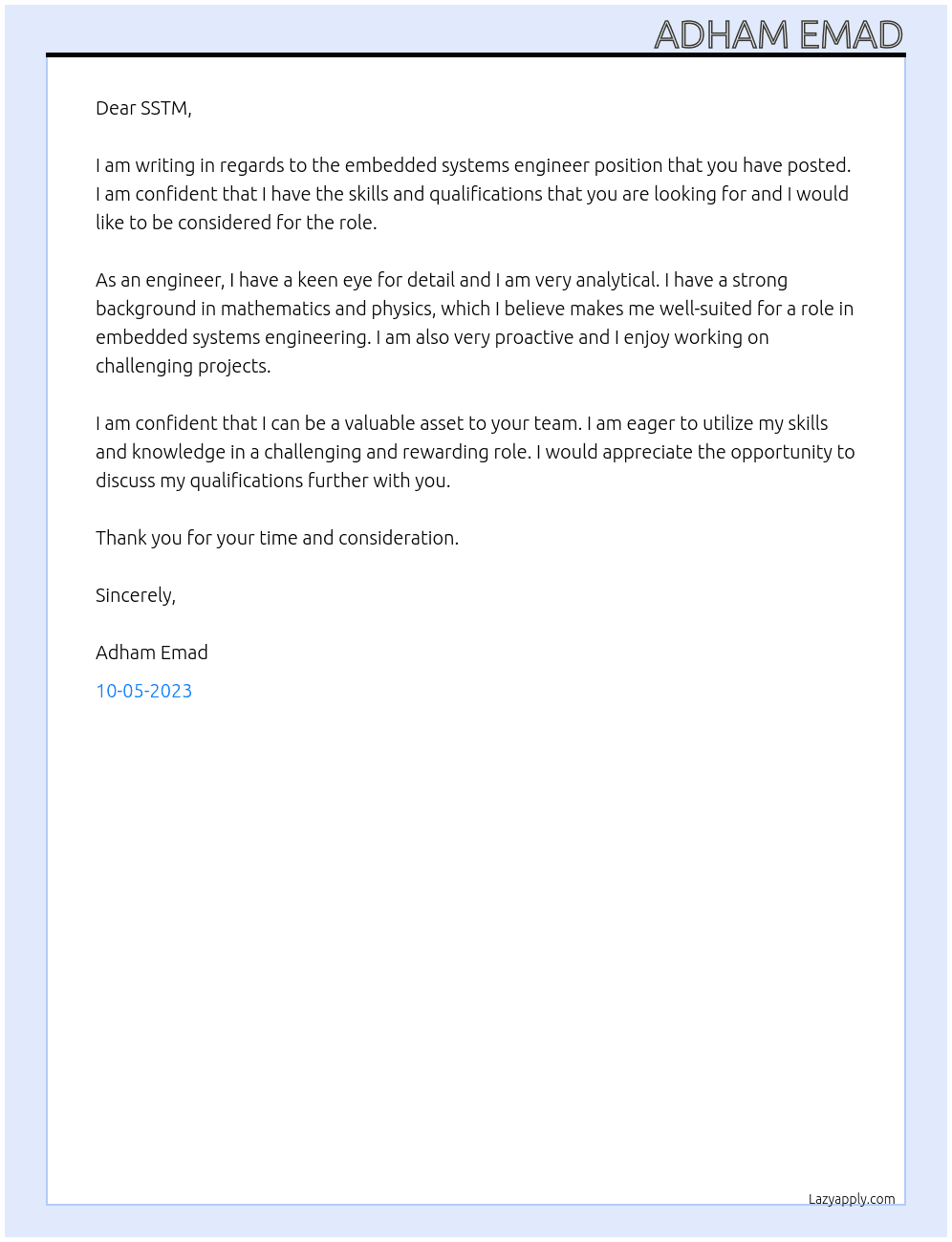 Embedded Systems Engineer At SSTM Cover Letter