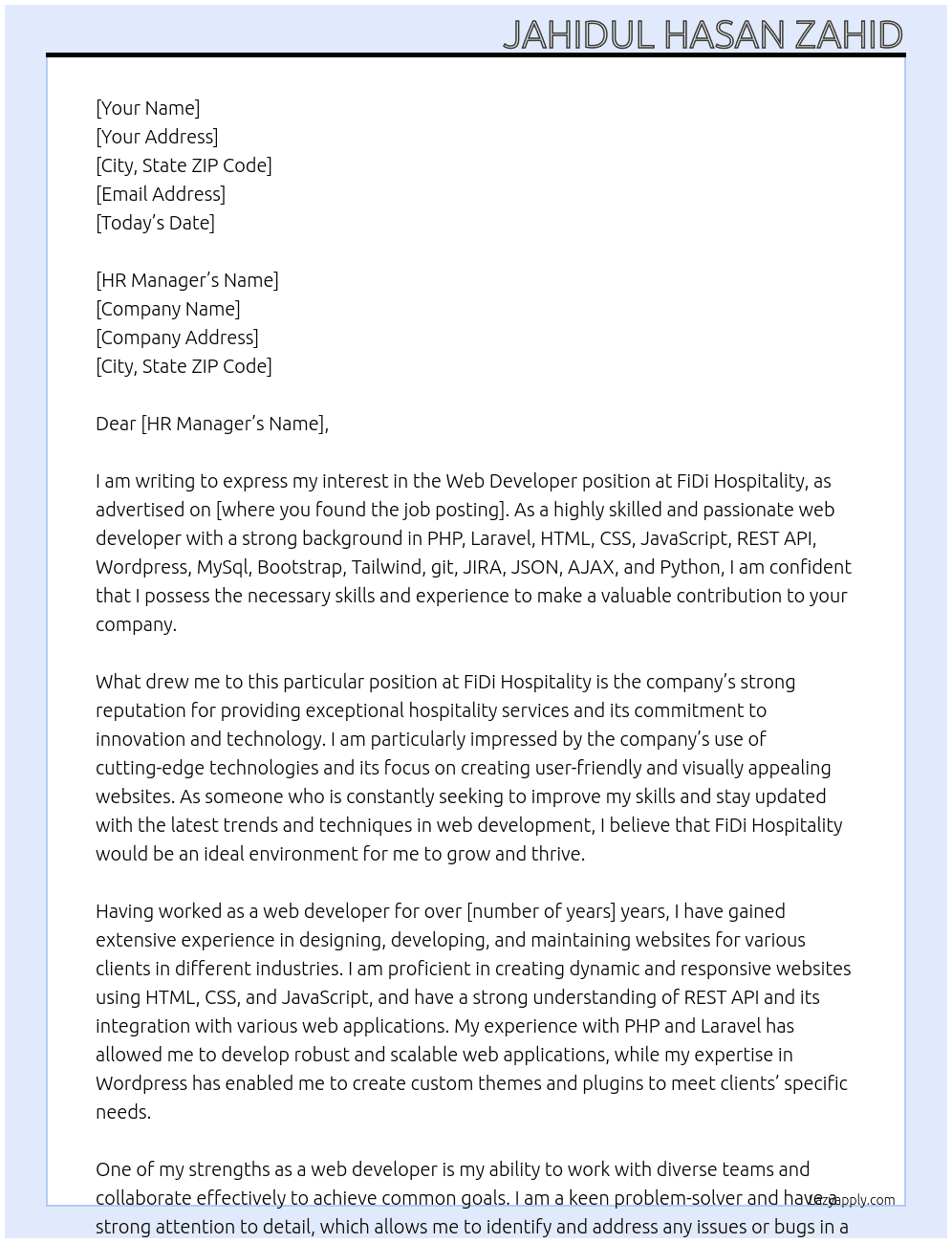 Web Developer At FiDi Hospitality Cover Letter