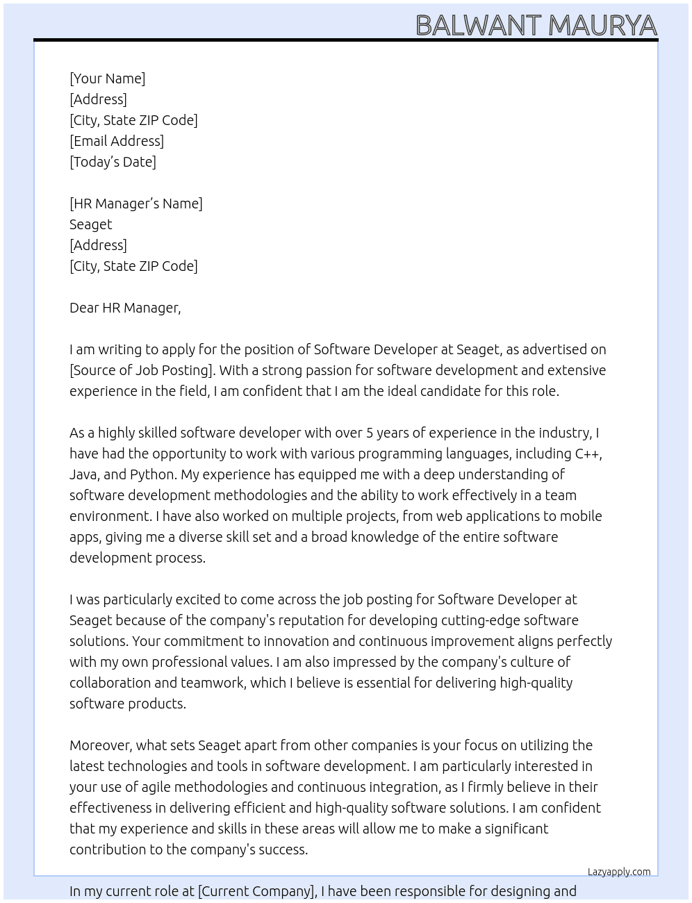 software developer At Seaget Cover Letter