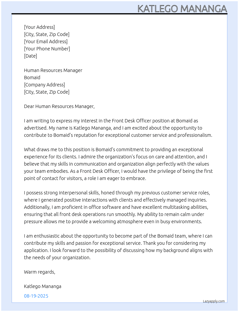 Cover letter for front desk officer - LazyApply
