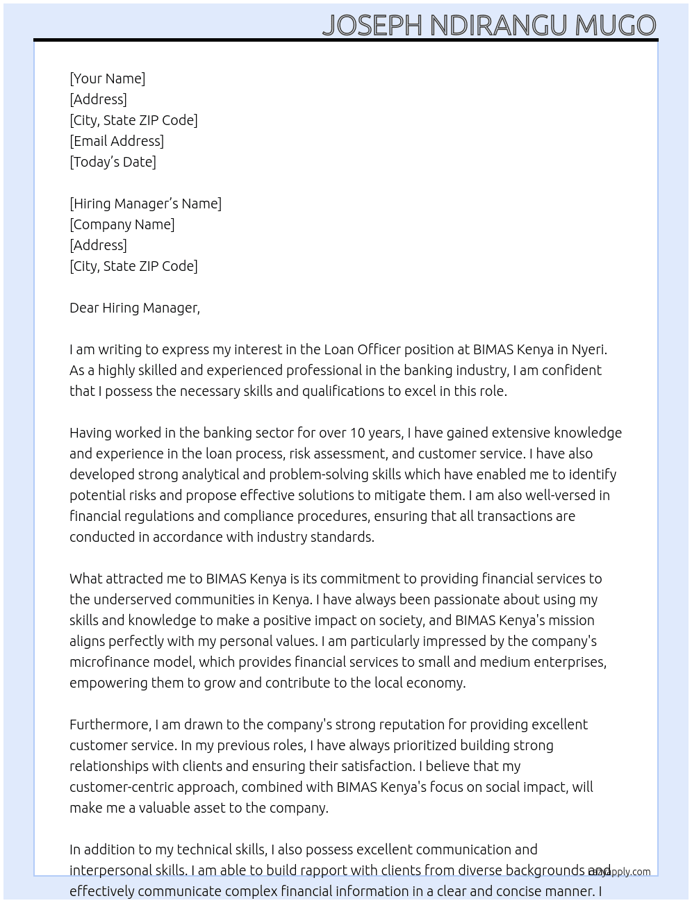 Loan officer At BIMAS Kenya Cover Letter