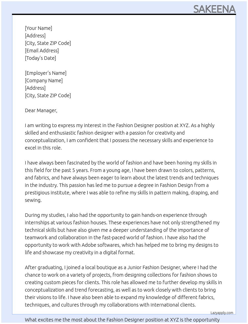Fashion designer At XYZ Cover Letter