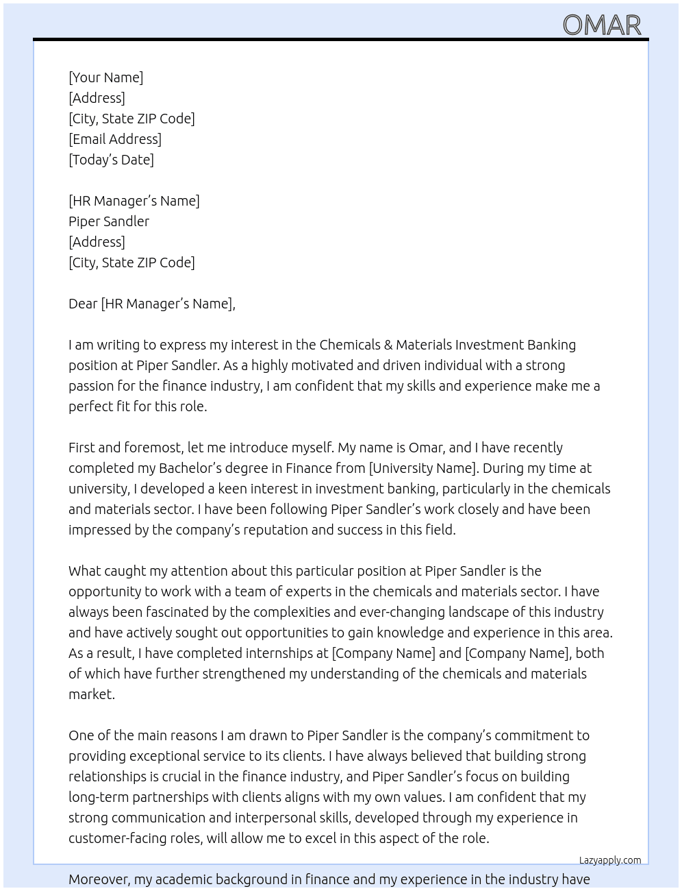 Chemicals & Materials Investment Banking At Piper Sandler Cover Letter