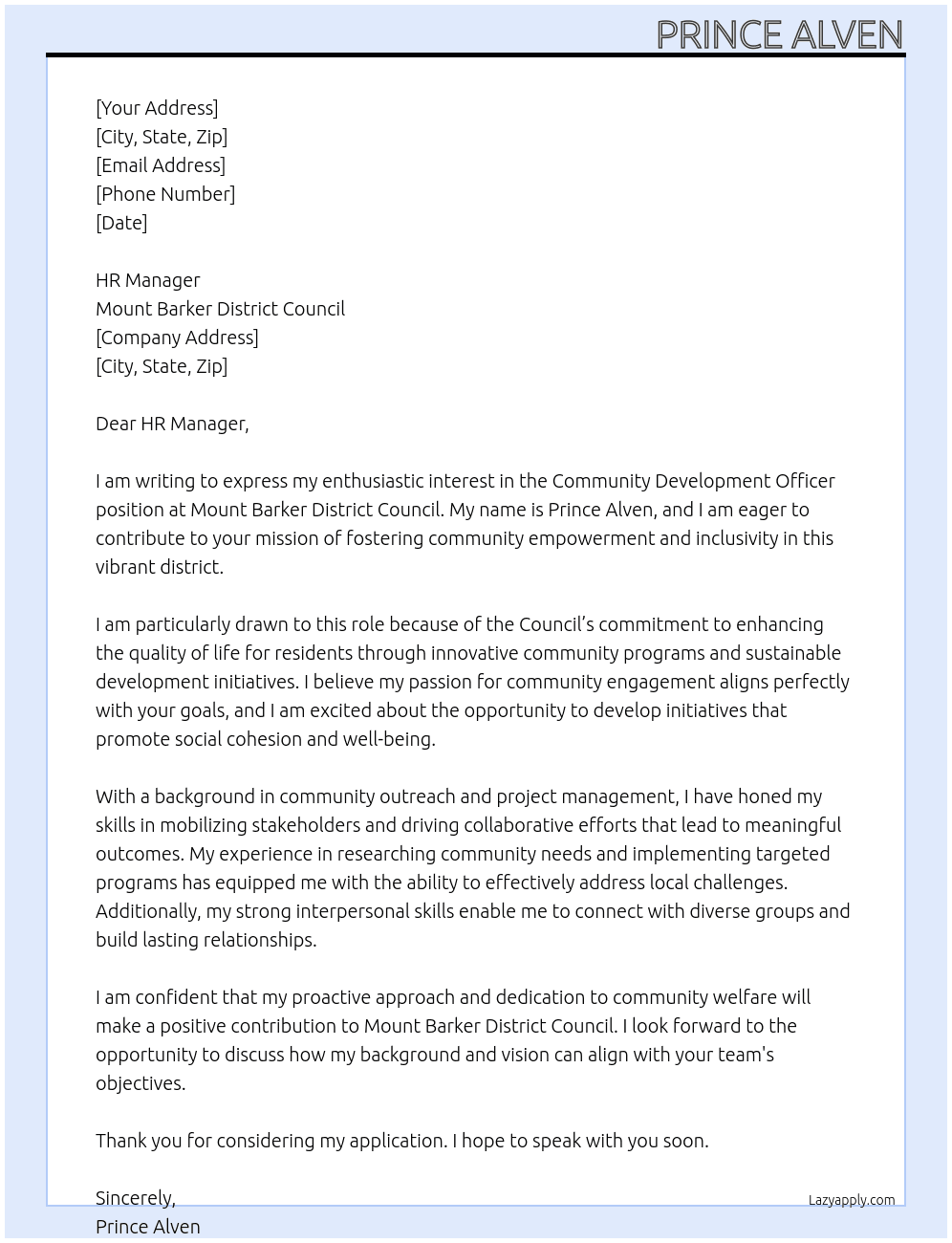 Community Development officer At Mount Barker District Council Cover Letter