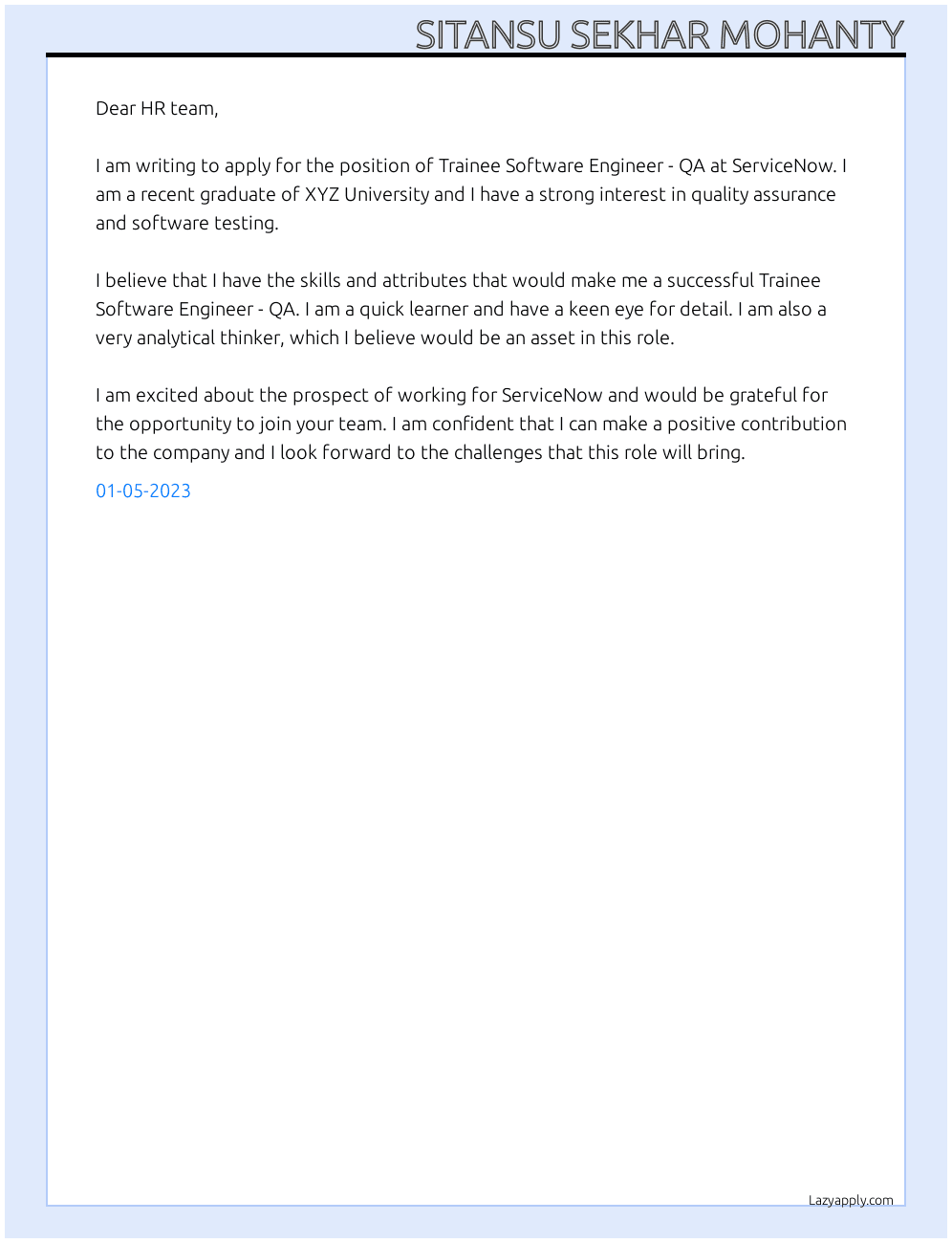 Trainee Software Engineer - QA At servicenow Cover Letter