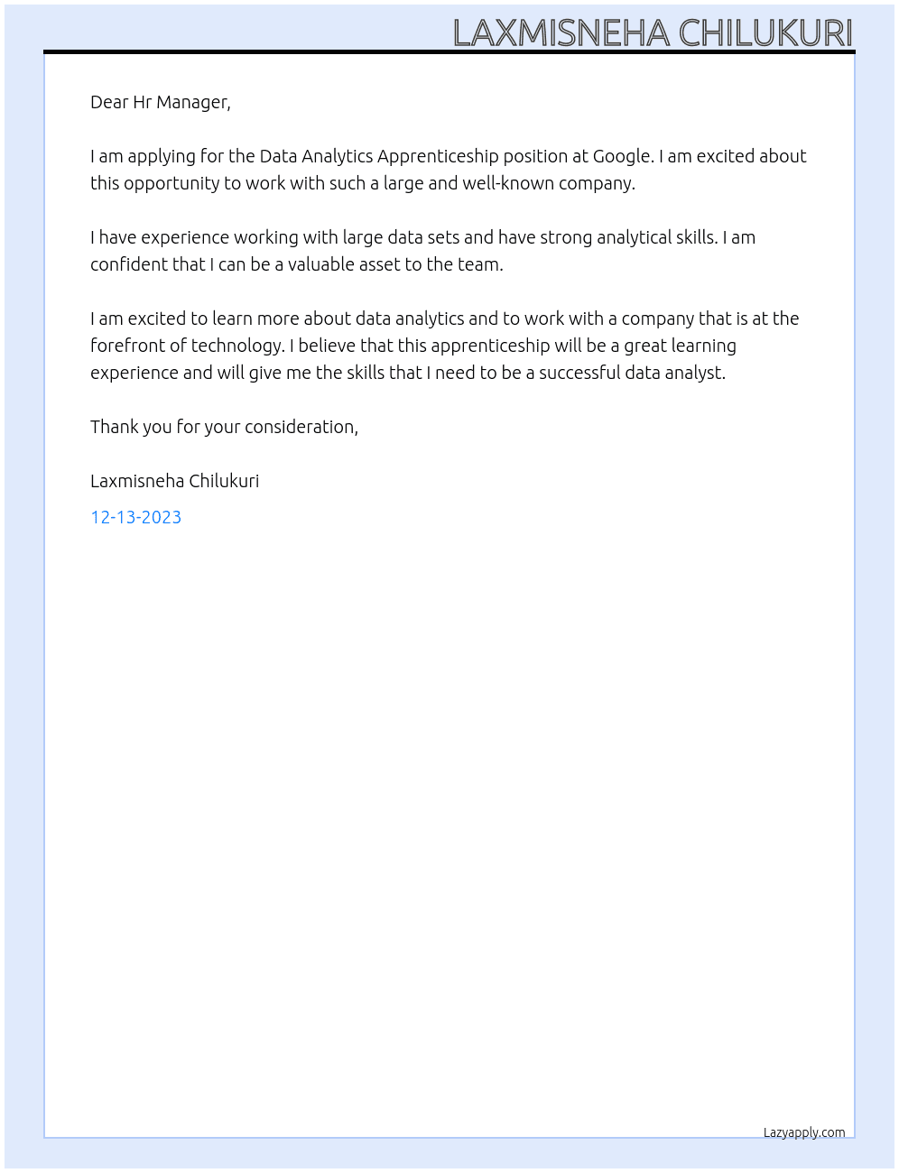 Data Analytics Apprenticeship At google Cover Letter