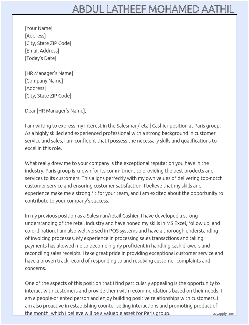 Salesman/retail Cashier  At Paris group  Cover Letter