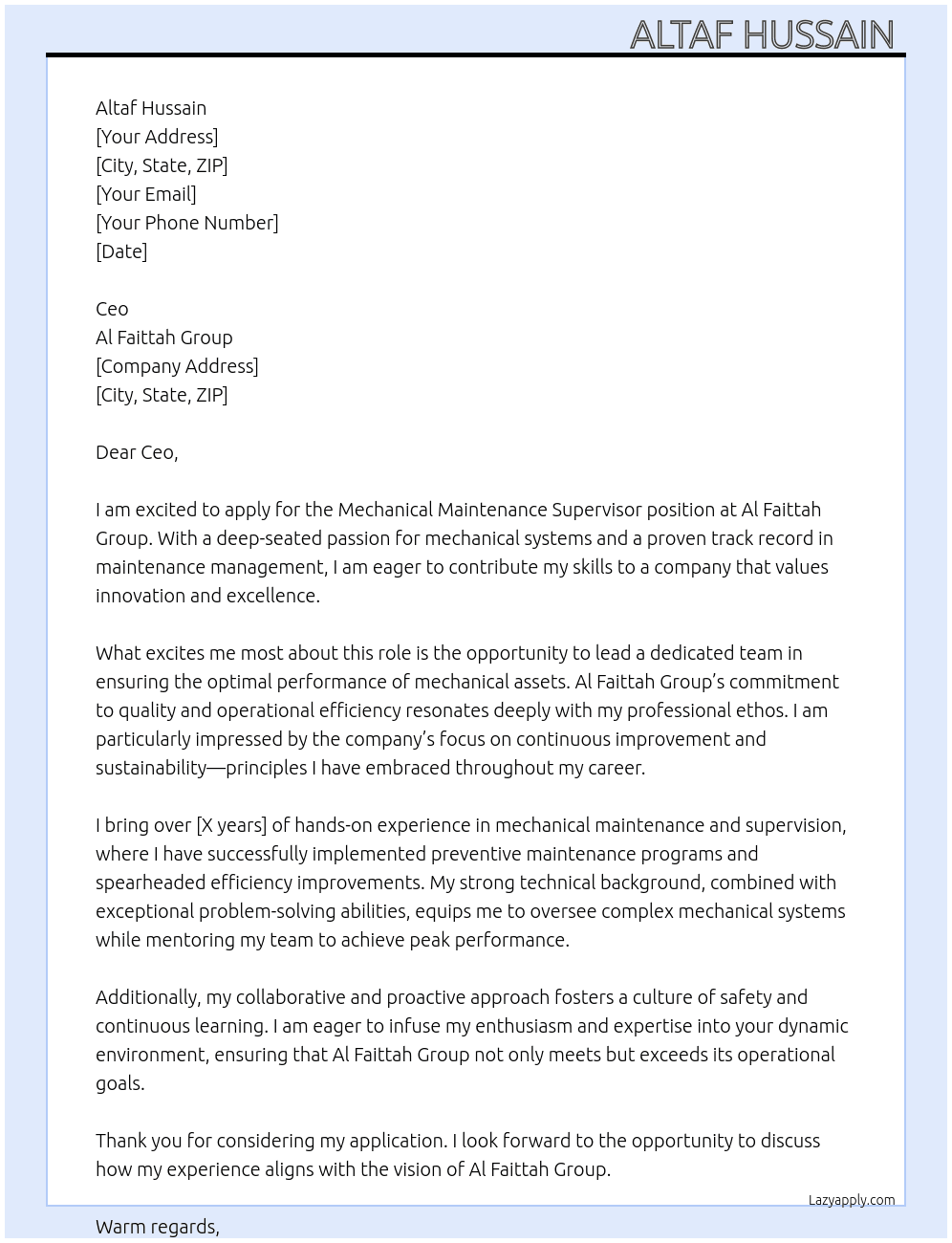 Cover letter for mechanical maintenance supervisor - LazyApply