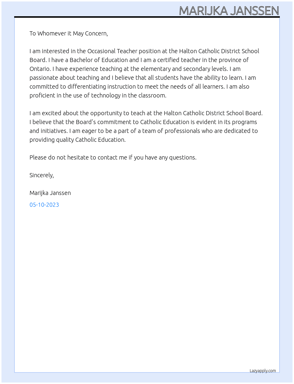 Occassional Teacher At Halton Catholic District School Board Cover Letter