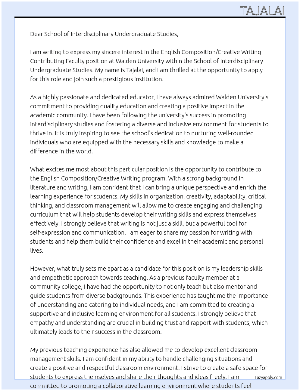 English Composition/Creative Writing Contributing Faculty At Walden University Cover Letter