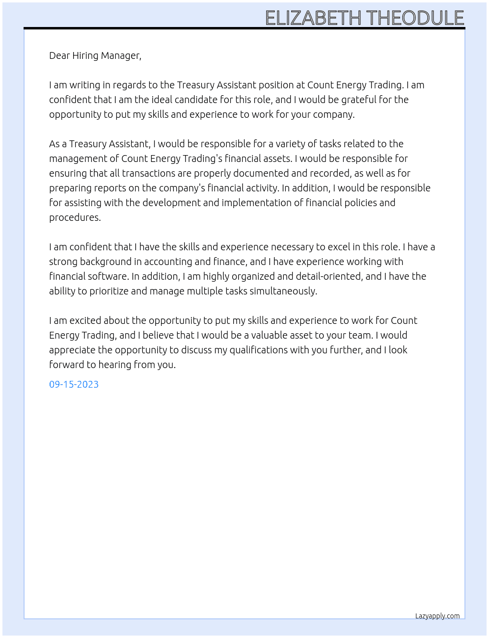 Treasury Assistant  At Count Energy Trading Cover Letter